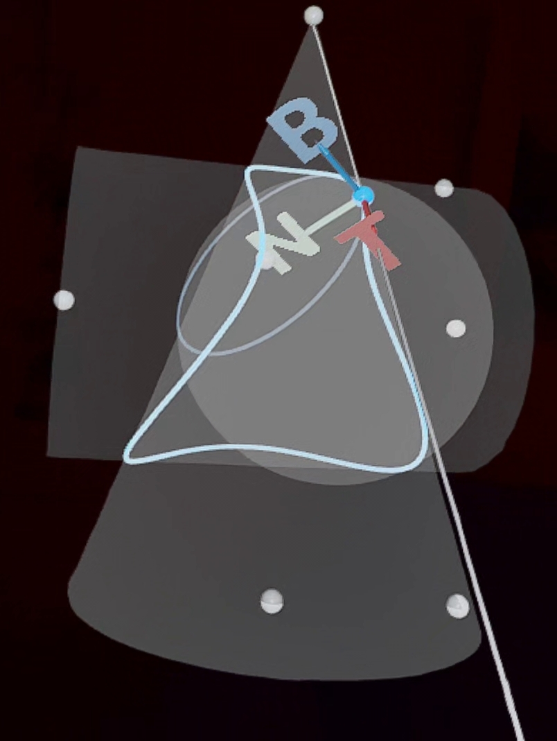 Differential geometry scene showing a cone-cylinder intersection with Frenet frame, curvature circle, and osculating sphere.