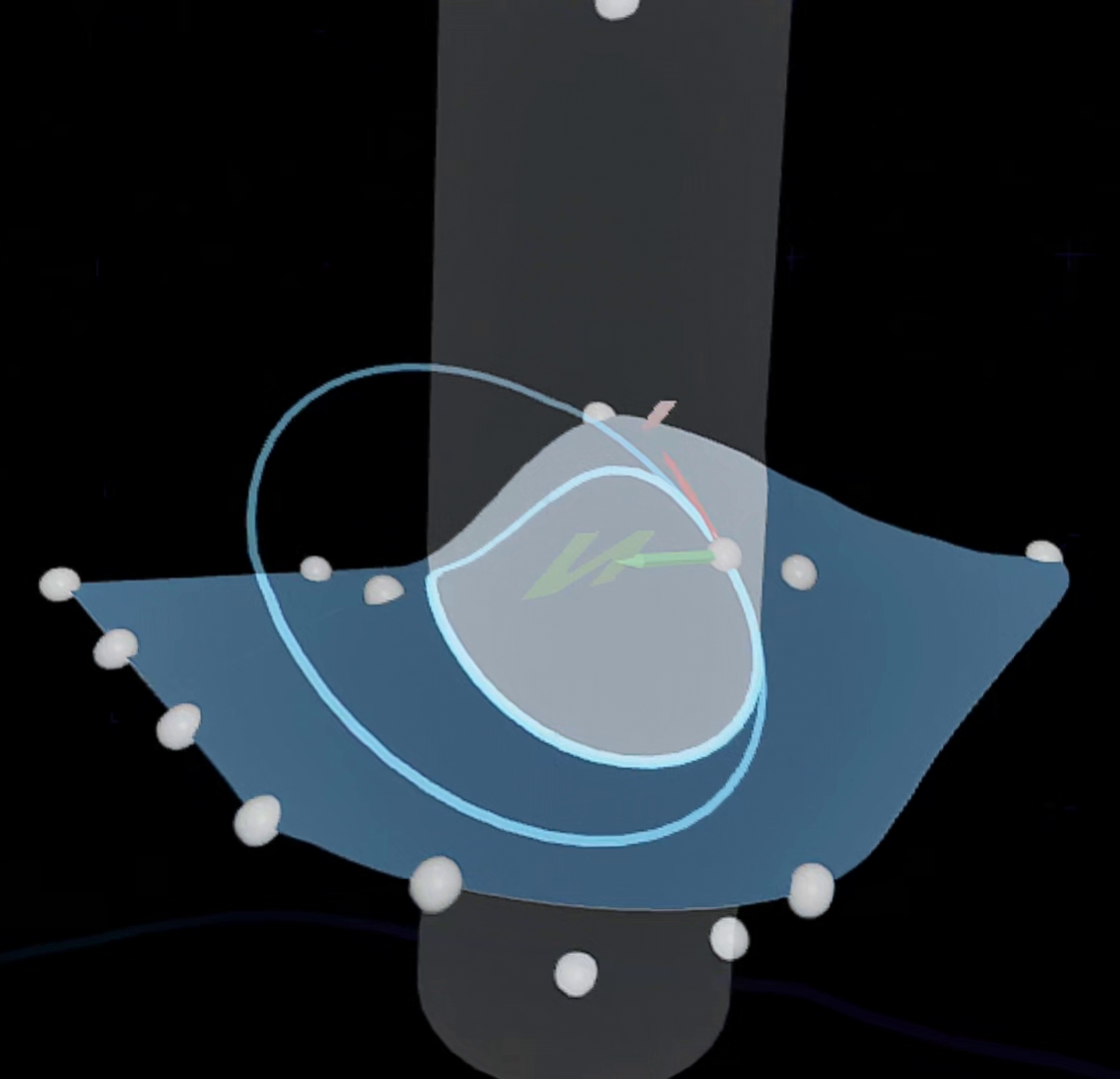 NURBS surface intersected with a cylinder, showing a selected intersection curve and curvature construction.